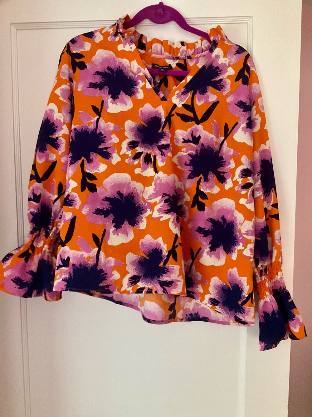 Floral V-Neck Long Sleeve Top in Orange and Purple